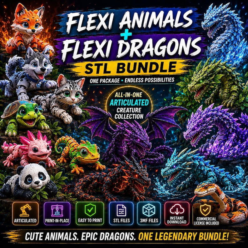 May include: A digital bundle of 3D printable articulated flexi animals and dragons. The image displays various creatures including a fox, wolf, cat, turtle, axolotl, lizard, panda, and multiple dragons in different colors. Text includes FLEXI ANIMALS + FLEXI DRAGONS STL BUNDLE, ONE PACKAGE &bull; ENDLESS POSSIBILITIES, ALL-IN-ONE ARTICULATED CREATURE COLLECTION, and CUTE ANIMALS. EPIC DRAGONS. ONE LEGENDARY BUNDLE!