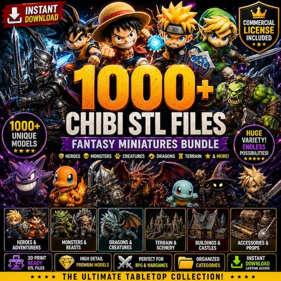 1000+ Fantasy Chibi STL Bundle |  Tabletop Miniatures & RPG 3D Print Models | Commercial License