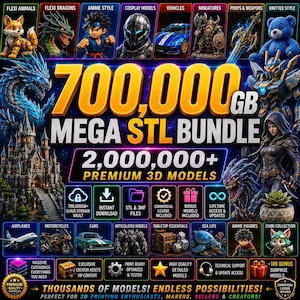 May include: A digital promotional graphic for a 700,000 GB mega STL bundle containing over 2,000,000 premium 3D models. The image features various 3D rendered examples including dragons, anime characters, vehicles, fantasy figures, and a castle against a dark background.
