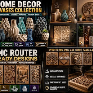 May include: A collection of 3D printable vase designs and CNC router wood carving files. The image displays various geometric vases, wall art panels, and intricate wood carvings including a lion head, tree of life, and landscape scenes.