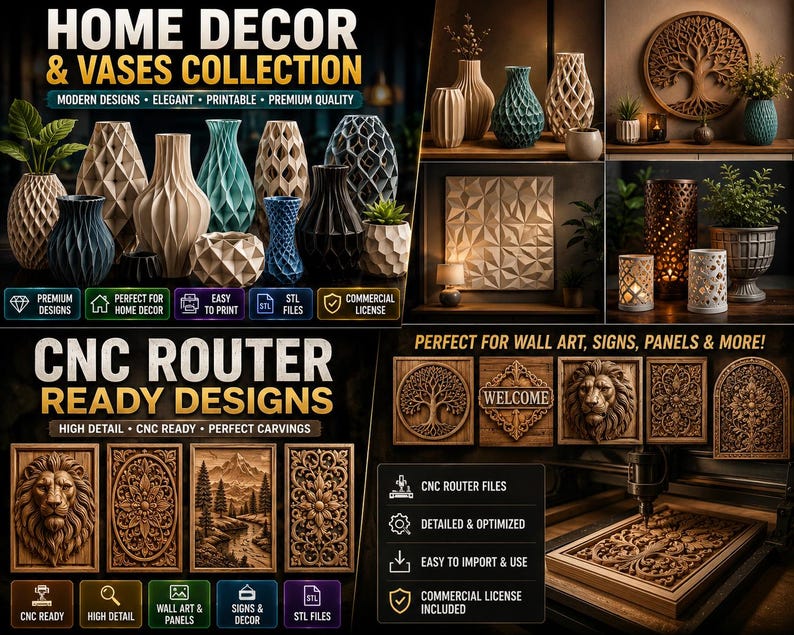 May include: A collection of 3D printable vase designs and CNC router wood carving files. The image displays various geometric vases, wall art panels, and intricate wood carvings including a lion head, tree of life, and landscape scenes.