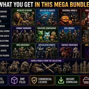 May include: A digital bundle advertisement featuring 10,000+ 3D printable models in STL and 3MF formats. The graphic displays categories like wildlife, sea life, holiday models, warriors, robots, and fantasy creatures, with a commercial license included.