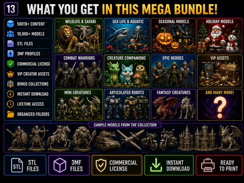 May include: A digital bundle advertisement featuring 10,000+ 3D printable models in STL and 3MF formats. The graphic displays categories like wildlife, sea life, holiday models, warriors, robots, and fantasy creatures, with a commercial license included.