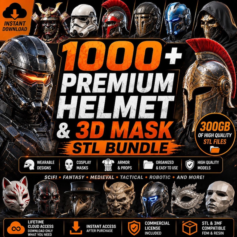1000+ Premium Helmet STL Bundle with 300GB wearable cosplay masks, sci-fi armor helmets, fantasy warrior helmets, 3D print ready STL files, commercial license, instant download, and Google Drive access.