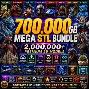 Könnte beinhalten: Eine digitale Werbegrafik für ein 700.000 GB Mega-STL-Paket mit über 2.000.000 Premium-3D-Modellen. Das Bild zeigt verschiedene 3D-gerenderte Charaktere, Fahrzeuge und Kreaturen sowie Text mit Angaben zu Sofort-Download, kommerzieller Lizenz und lebenslangem Zugriff.