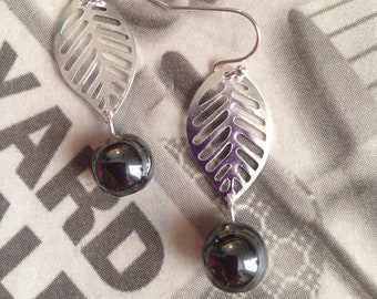 LEAF Earrings, Sterling Silver Hooks, Genuine Hematite,  Gemstones, High Quality, Handcrafted, Artistic, Unique Jewelry, Woman, Gift for her
