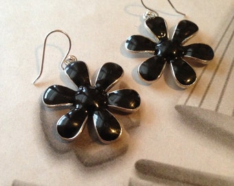 Black Flower Earrings, Enameled Metal, Silver, Dangles, Bold Jewelry, Gift Under 10, Stocking Stuffer, Woman, Teen Girl, Garden Inspired