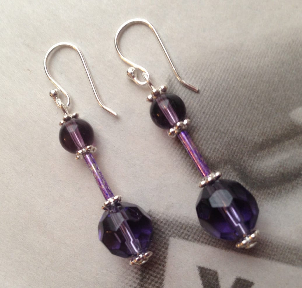 Purple Dangle Earrings Crystal Beads Glass Lavender Etsy