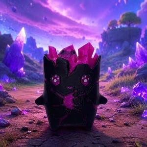 May include: A small, black, cylindrical figurine with a matte finish, featuring a hollow top filled with jagged, translucent magenta crystals. The figure has two large, circular eyes with white accents and a central magenta core visible through a crack.