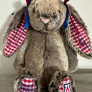 May include: A plush rabbit with mottled brown fur, featuring red and blue ribbons on its ears. The inner ears and foot pads have a red and white gingham pattern. The text THE UNIVERSITY OF ARIZONA and WILDCATS is printed on the ears, with a mascot and A logo on the feet.