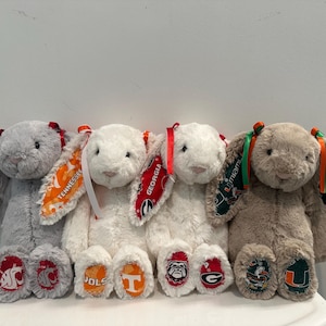 May include: Four plush stuffed bunnies in gray, white, and tan colors. Each bunny features long ears lined with collegiate sports team fabric, including Tennessee, Georgia, and Miami logos, and matching ribbons tied at the base of the ears.