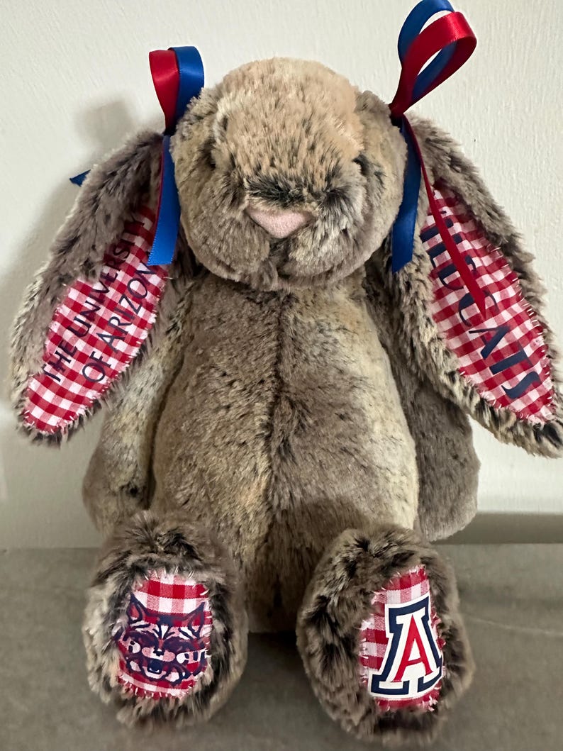 May include: A plush rabbit with mottled brown fur, featuring red and blue ribbons on its ears. The inner ears and foot pads have a red and white gingham pattern. The text THE UNIVERSITY OF ARIZONA and WILDCATS is printed on the ears, with a mascot and A logo on the feet.