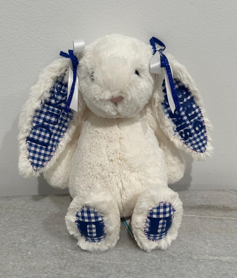 May include: A plush white rabbit toy with long ears featuring blue and white gingham fabric accents. The left ear is embroidered with the name Duke, the right with Blue Iris, and the feet feature blue gingham patches with the letter D.