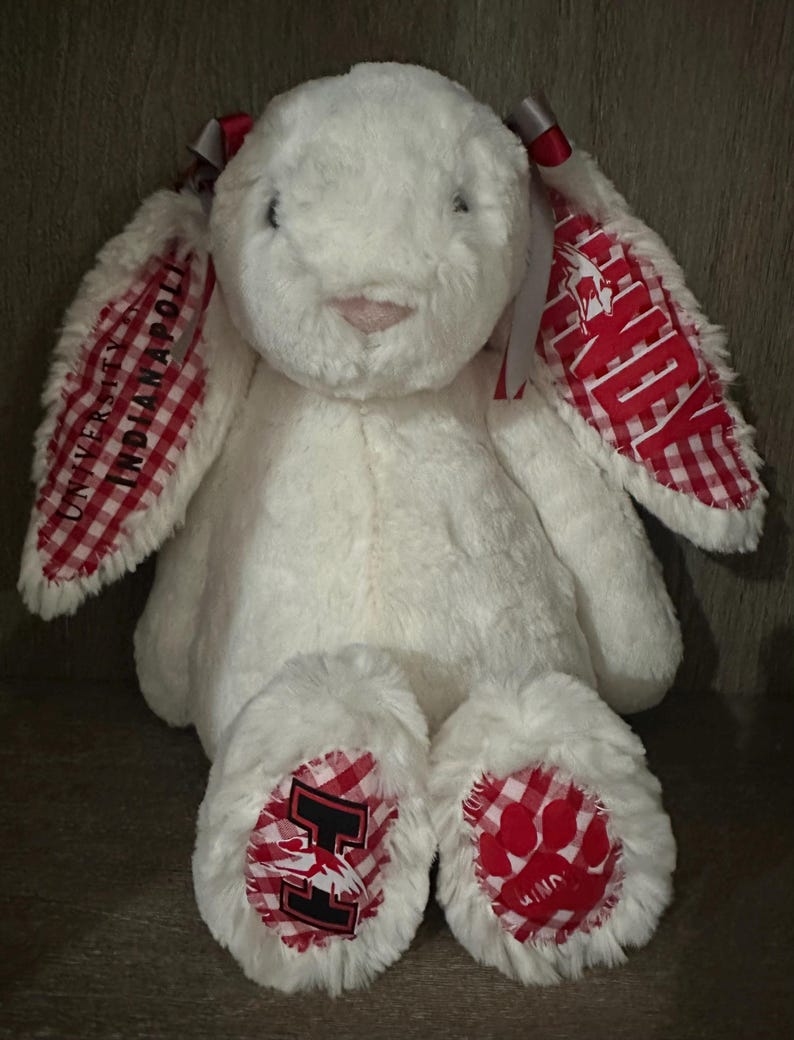 May include: A plush white rabbit toy featuring long ears lined with red and white gingham fabric. The left ear displays the text UNIVERSITY OF INDIANAPOLIS, while the right ear shows UINDY. The feet have matching gingham patches with an H and a paw print.