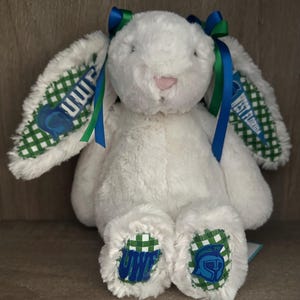 May include: A white plush rabbit toy featuring long ears with green and white gingham fabric accents. The ears and feet display the text UWF and West Florida along with a blue helmet logo. Blue and green ribbons are tied at the top of the head.