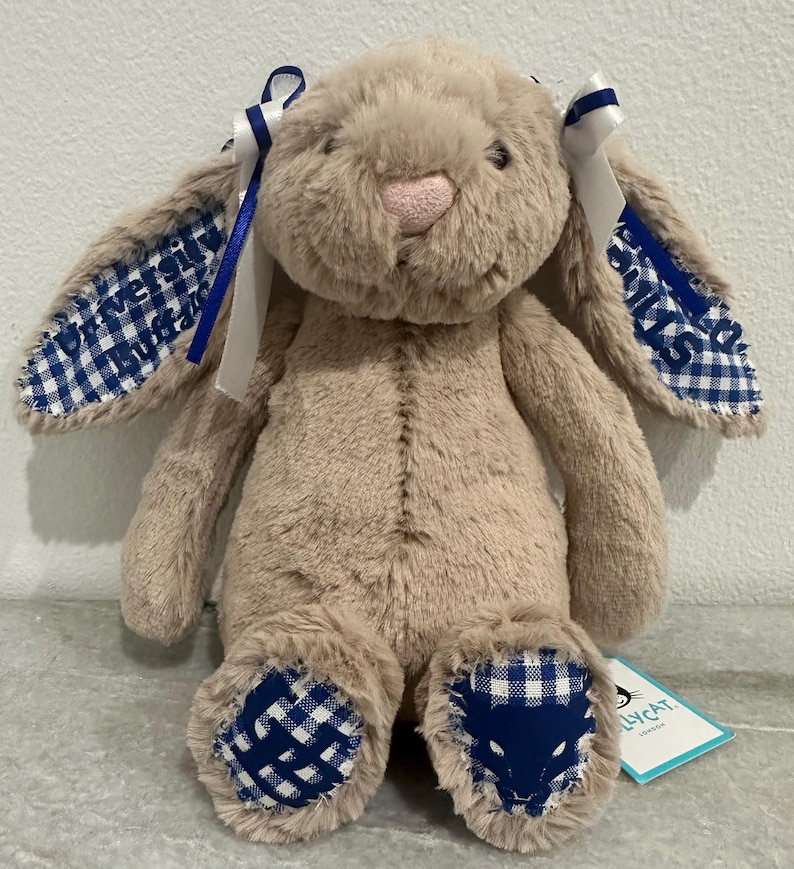 May include: A beige plush rabbit with long ears featuring blue and white gingham fabric lining. The ears are embroidered with the text University Buffalo. The rabbit has blue and white ribbons on its ears and blue and white gingham foot pads.