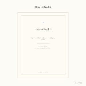 Op de afbeelding: Een document getiteld How to Read It, met een klein blauw kruisicoon. De tekst luidt: Opening the Bible for the first time — and keeping it open, 27 chapters, US Letter, A Christian household in the age of AI, KJV, en CrossAIHub.