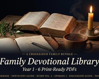 Devotionele gezinsbibliotheek jaar 1 | 6 KJV Print pdf's | Christelijke familiebundel | Devotionele set voor AI-leeftijden