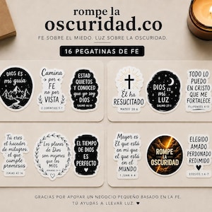 May include: A set of 16 faith-based stickers with various designs and inspirational quotes in Spanish. The stickers are black and white with a cross, mountain, and lantern motifs. The phrase "rompe la oscuridad" is also featured.