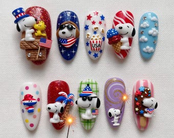 4th of July Press On Nails Snoopy Patriotic 3D Handmade Nails USA Flag Custom Fake Glue On Nails Kawaii Popcorn Ice Cream Sparkler Popsicle