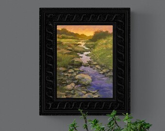 Custom Oil Landscape Painting: Nevada Creek Sunset, Rocks Decor (9x12)