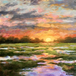 Fine art print giclee of original oil landscape painting - sunset over saltgrass - home decor, wall art, wall decor