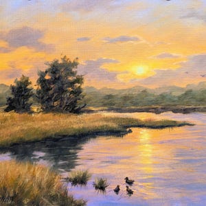 Original Landscape Oil Painting of a Sunset over a lake