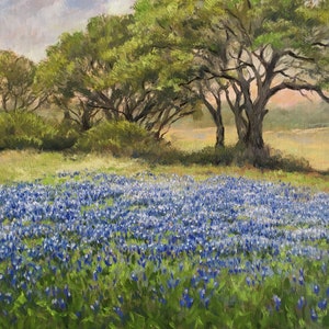 Original custom oil landscape painting of a bluebonnet meadow for home, office, bedroom or wall decor