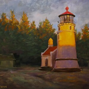 Original Oil Painting, Umpqua River Lighthouse, Oregon Coast for home, bedroom or office wall decor