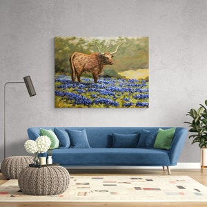 Large original custom oil painting landscape commission - Texas Longhorn in Bluebonnets