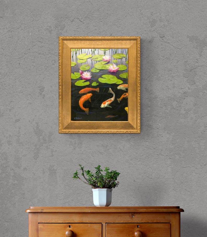 Original Painting of Koi Fish With Water Lilies for Home, Office or ...