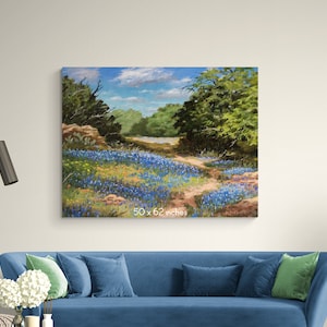 Large original custom oil painting landscape commission - Texas bluebonnets wildflowers - southwest art -