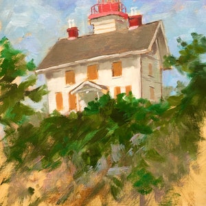 Original impressionistic plein air oil painting -  Yaquina Bay Lighthouse - for home, office or bedroom decor