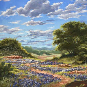 Fine art print giclee of original oil landscape painting - Texas Hill Country Bluebonnets