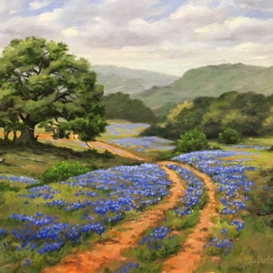Fine art print giclee of original oil landscape painting - Texas Hill Country Bluebonnets - home decor, wall art, wall decor