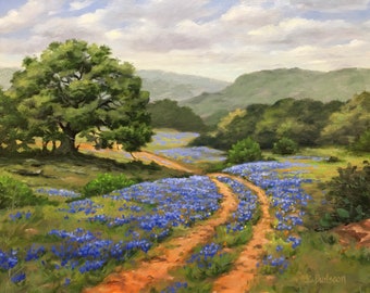 Fine art print giclee of original oil landscape painting - Texas Hill Country Bluebonnets - home decor, wall art, wall decor