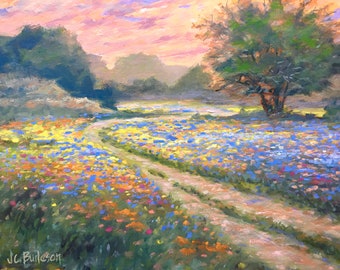 Fine art print giclee of original oil landscape painting - Texas Wildflowers - home decor, wall art, wall decor