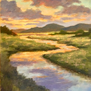 Original custom oil landscape painting with Clouds, Sunset River Oil Painting, Powder River Oregon -landscape