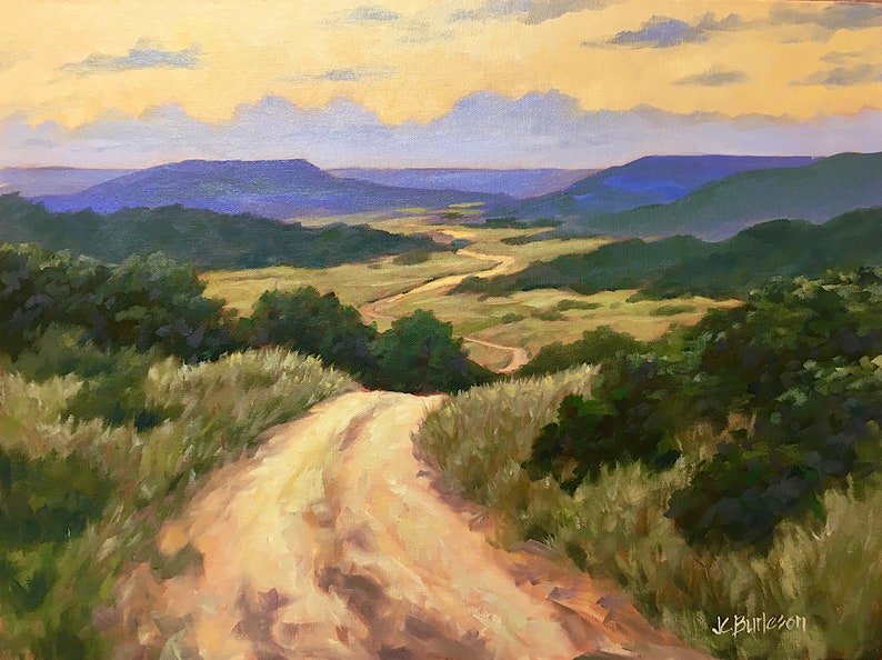 May include: Oil painting depicting a rural landscape with a winding dirt track. The artwork uses a palette of greens and blues, with a warm, golden sky. The artist's signature is visible in the bottom right corner.