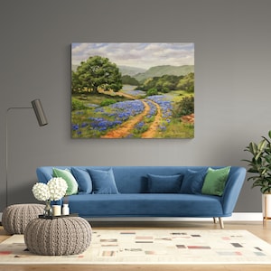 Large original custom oil painting landscape commission - Texas bluebonnets - southwest art -