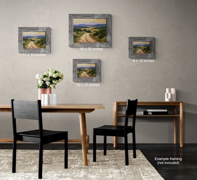May include: Four framed landscape paintings with grey distressed frames are displayed on a neutral wall. The paintings vary in size: 20 x 25 cm, 25 x 30 cm, 28 x 36 cm, and 41 x 51 cm. The artwork depicts a dirt road winding through a valley.