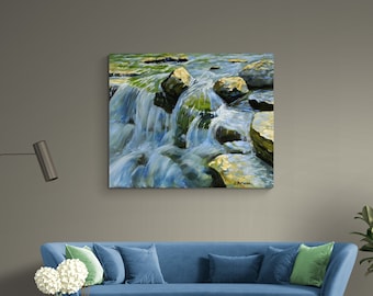 Custom Waterfall Oil Painting: Green Moss, Rocks, Southwest Art
