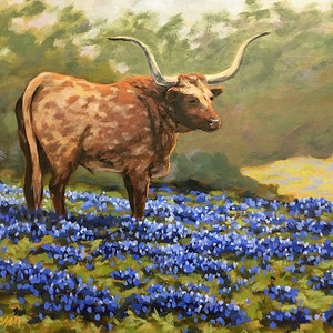 Fine art print giclee of original oil landscape painting - Texas Longhorn in Bluebonnets - for home decor, wall art, wall decor