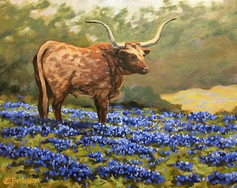 Fine art print giclee of original oil landscape painting - Texas Longhorn in Bluebonnets - for home decor, wall art, wall decor