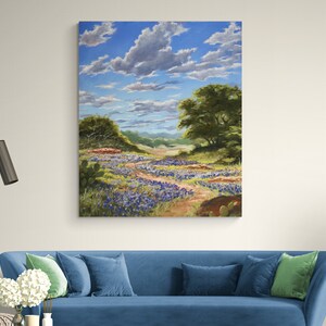 Large original custom oil painting landscape commission - Texas bluebonnets wildflowers - southwest art -