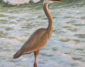 Original Seascape Oil Painting: "Blue Heron in the Surf" (12x16 inches)