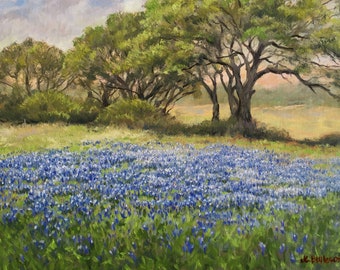 Fine art print giclee of original oil landscape painting - Texas Bluebonnets - home decor, wall art, wall decor