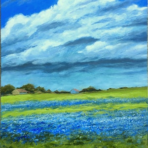 Bluebonnet Oil Painting, Southern Clouds Over Texas Bluebonnets artwork -landscape