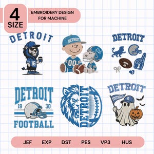 Puede incluir: Una colección de seis diseños de bordado a máquina con temas de fútbol de Detroit. Los elementos incluyen una mascota león, un personaje de dibujos animados con un perro, un casco, un balón, un dedo de espuma, un fantasma y el texto Detroit.
