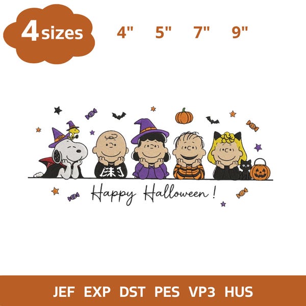 Motif de broderie Peanuts pour Halloween, fichier de broderie Halloween Friends, broderie mignonne « Des bonbons ou un sort », broderie machine